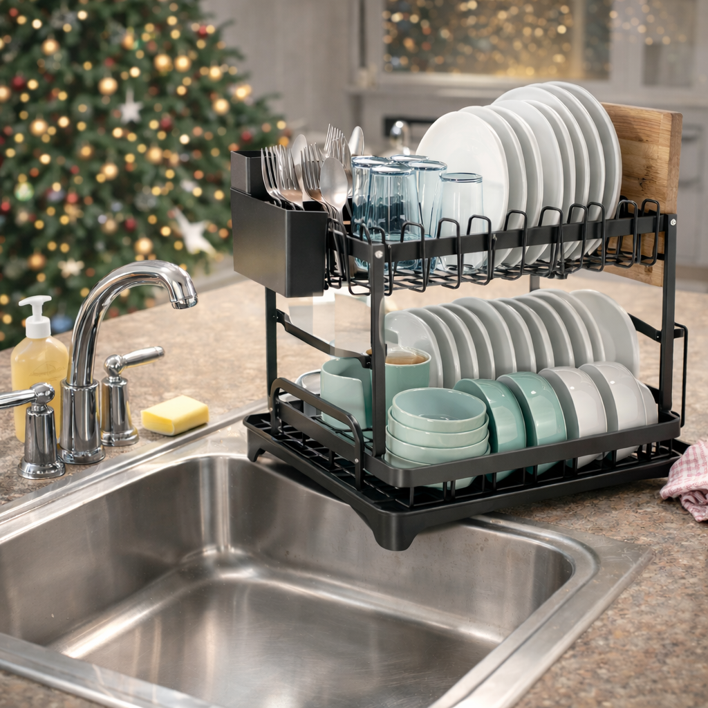 AquaSteel™ Adjustable Dish Drying Rack – Premium Kitchen Organiser for Plates, Bowls & Cutlery