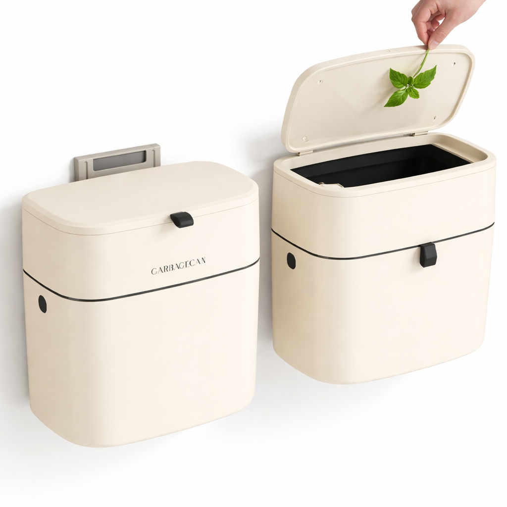 Wall-Mounted Kitchen Waste Bin with Lid – Space-Saving Cabinet Door Trash Can