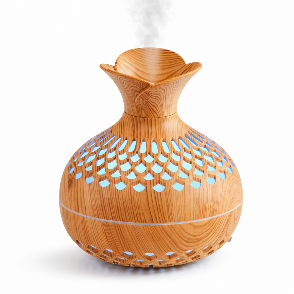 Minimalist Wood-Grain Aroma Humidifier – Silent Mist Diffuser with Soft Ambient Light (300ml)