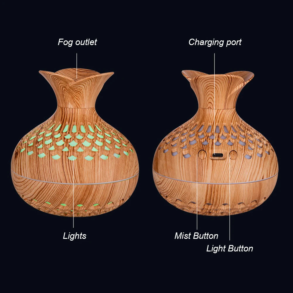 Minimalist Wood-Grain Aroma Humidifier – Silent Mist Diffuser with Soft Ambient Light (300ml)