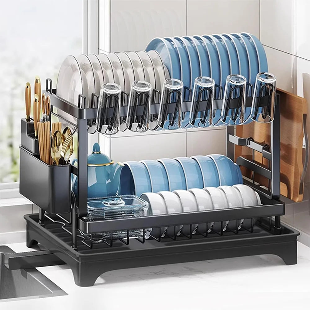 AquaSteel™ Adjustable Dish Drying Rack – Premium Kitchen Organiser for Plates, Bowls & Cutlery