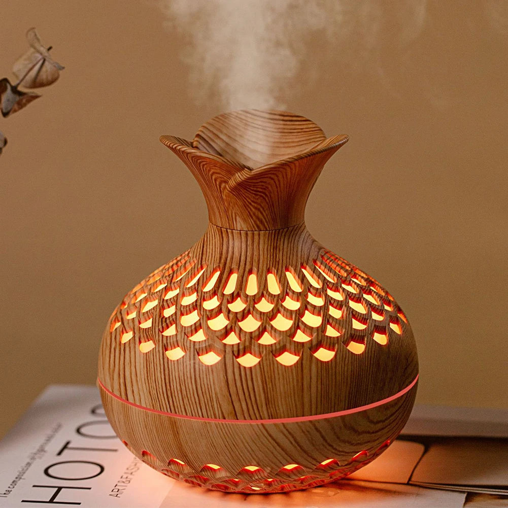 Minimalist Wood-Grain Aroma Humidifier – Silent Mist Diffuser with Soft Ambient Light (300ml)