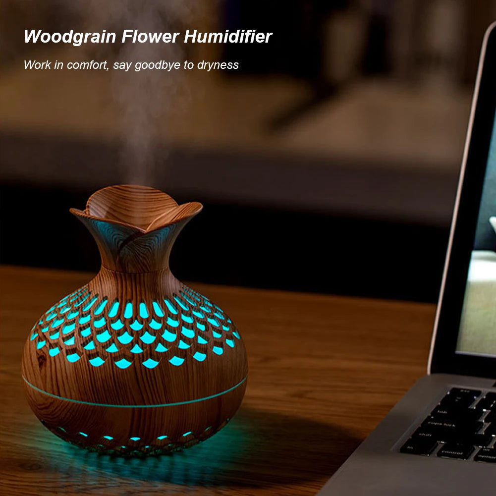 Minimalist Wood-Grain Aroma Humidifier – Silent Mist Diffuser with Soft Ambient Light (300ml)