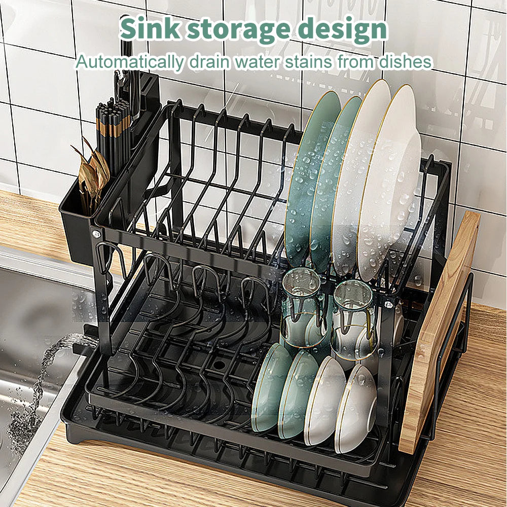 AquaSteel™ Adjustable Dish Drying Rack – Premium Kitchen Organiser for Plates, Bowls & Cutlery
