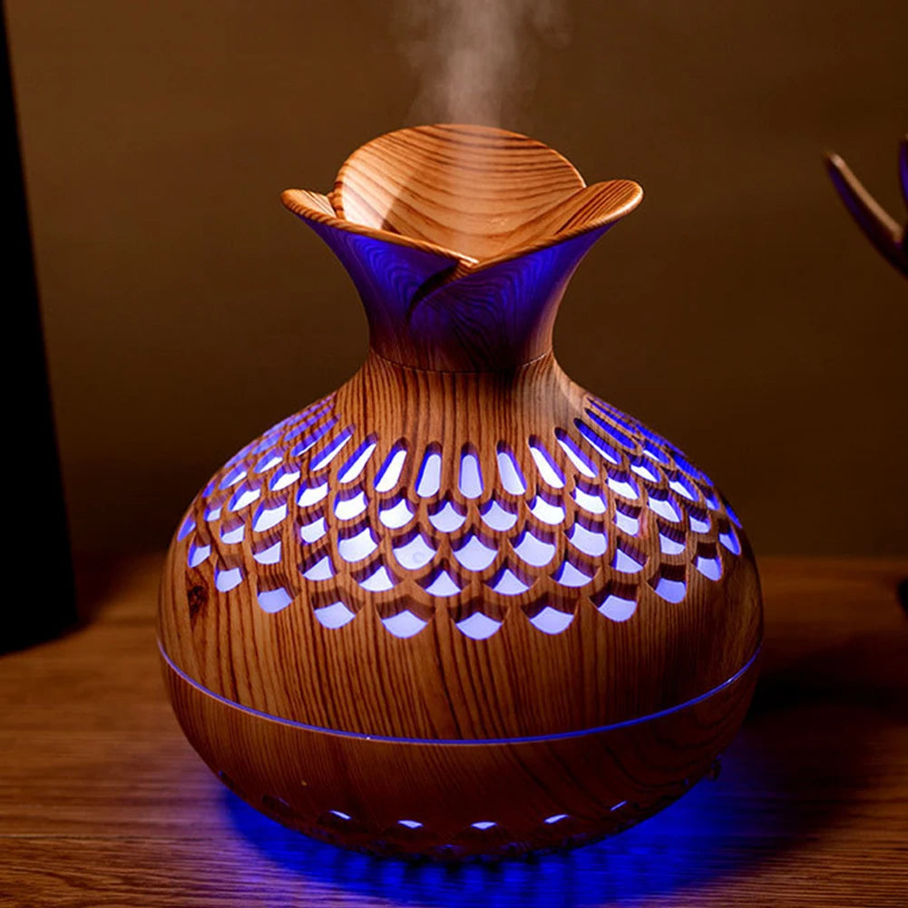 Minimalist Wood-Grain Aroma Humidifier – Silent Mist Diffuser with Soft Ambient Light (300ml)