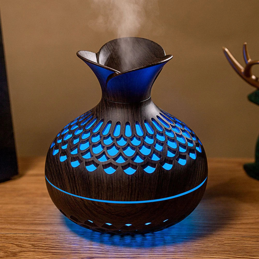 Minimalist Wood-Grain Aroma Humidifier – Silent Mist Diffuser with Soft Ambient Light (300ml)